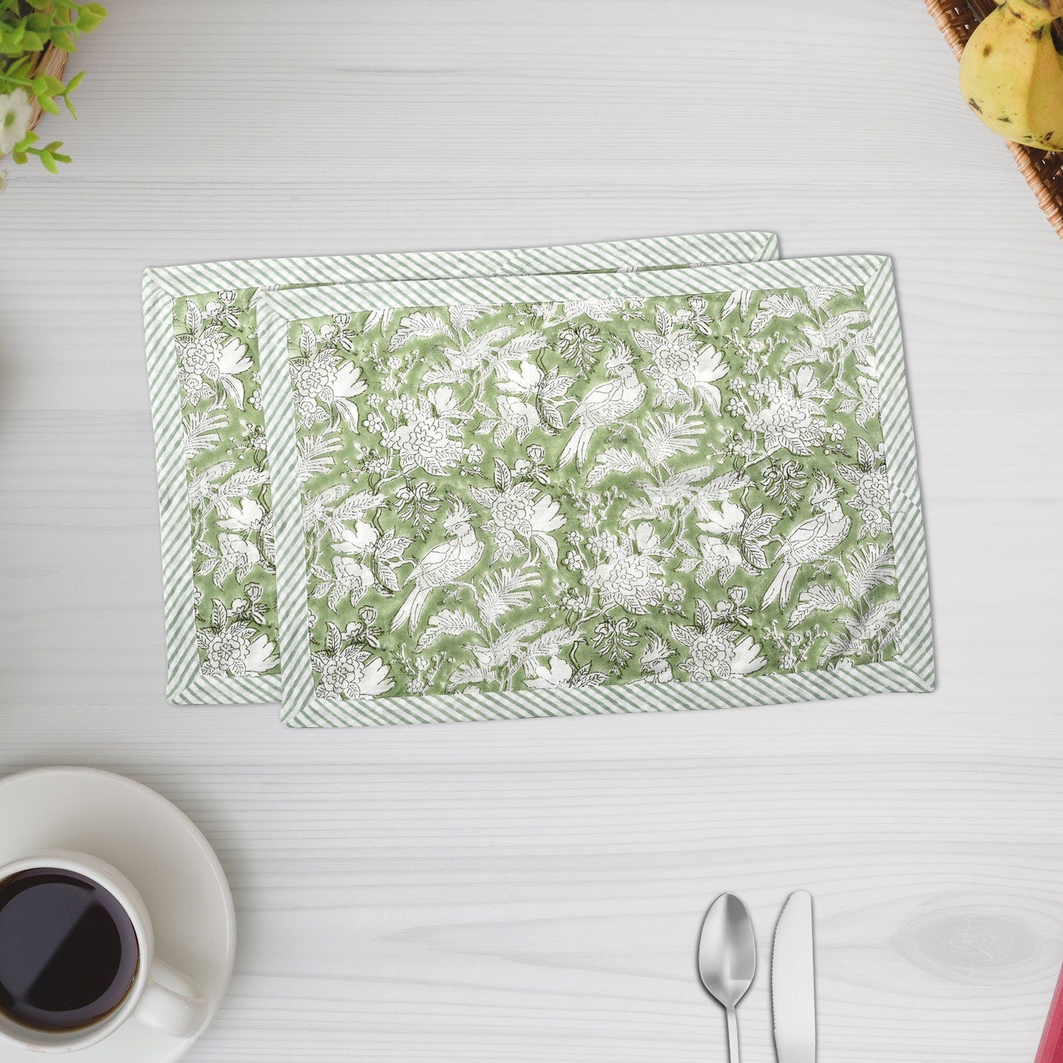 Table Mat,CPC Olive Green Placemat,Indian 100%Cotton Hand Block Printed Stripe Mat-Set of 4 for Party Wedding Gift Dinner Home Decor |14x20|