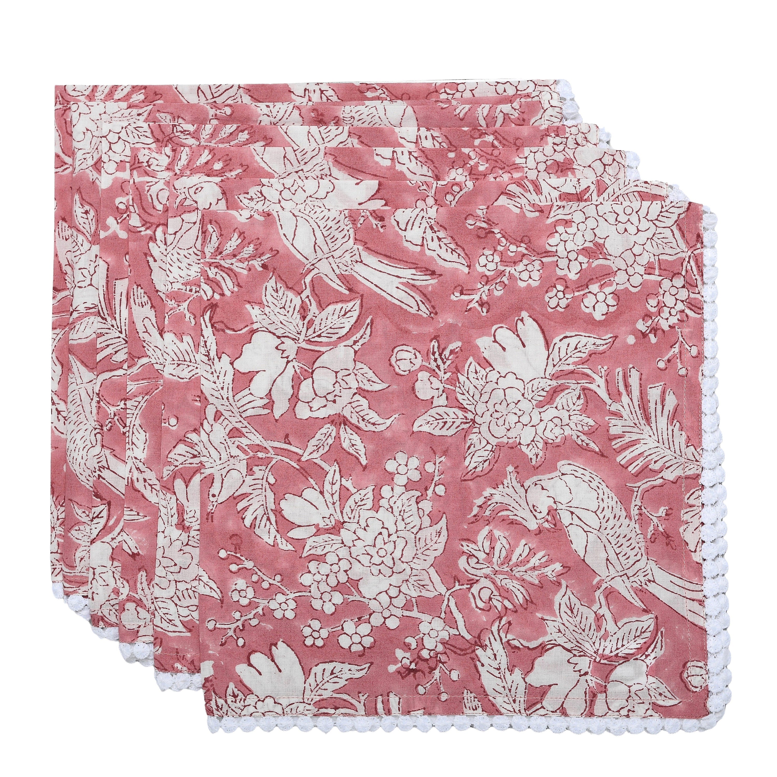 Flamingo Pink Indian Block Print Pom-Pom Napkins, Floral Cotton Dinning Table Daily Use Napkins, Farmhouse Wedding Party Napkins 18x18 In