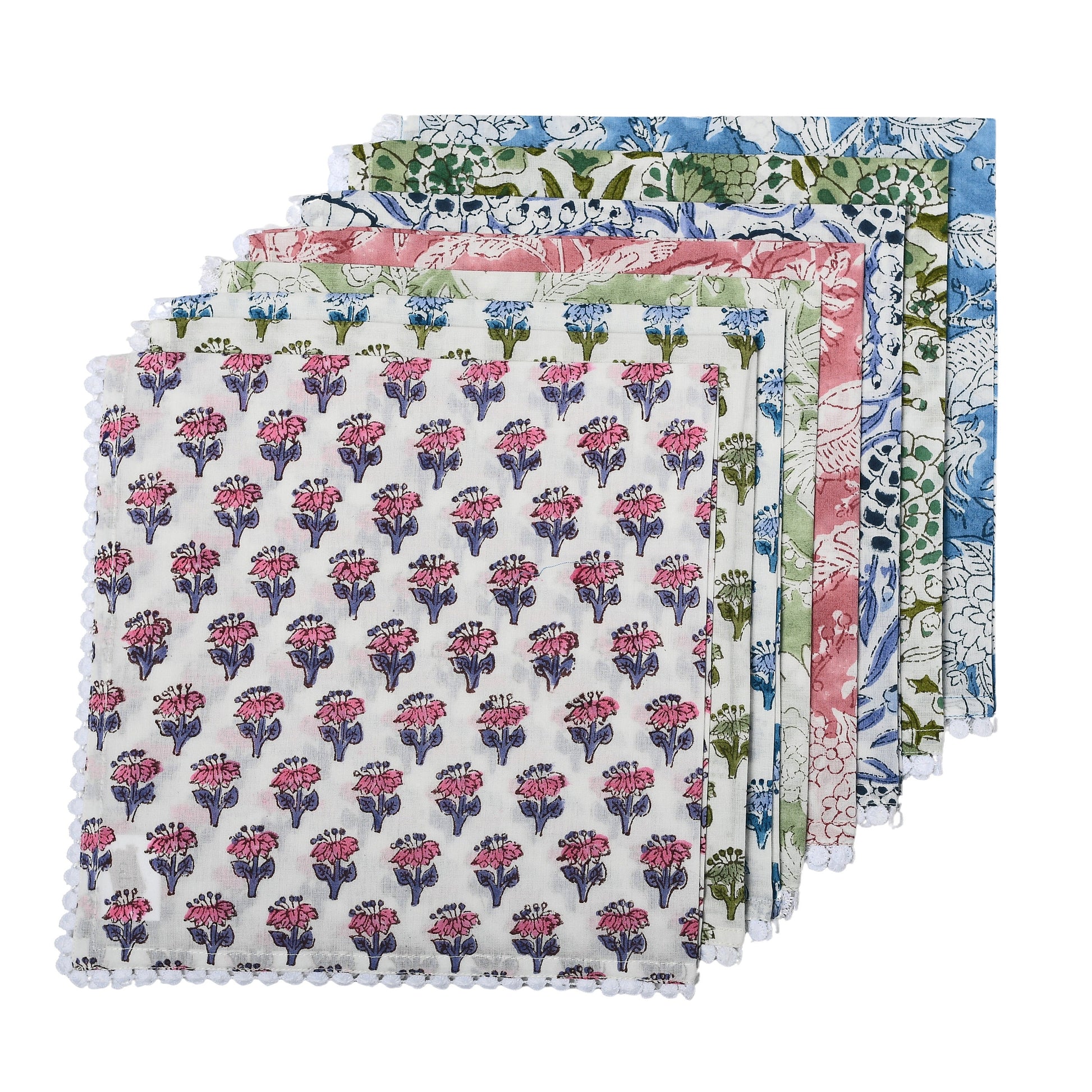 Multi-color Indian Block Print Pom-Pom Napkins, Floral Cotton Dinning Table Daily Use Napkins, Farmhouse Wedding Party Napkins 18x18 In