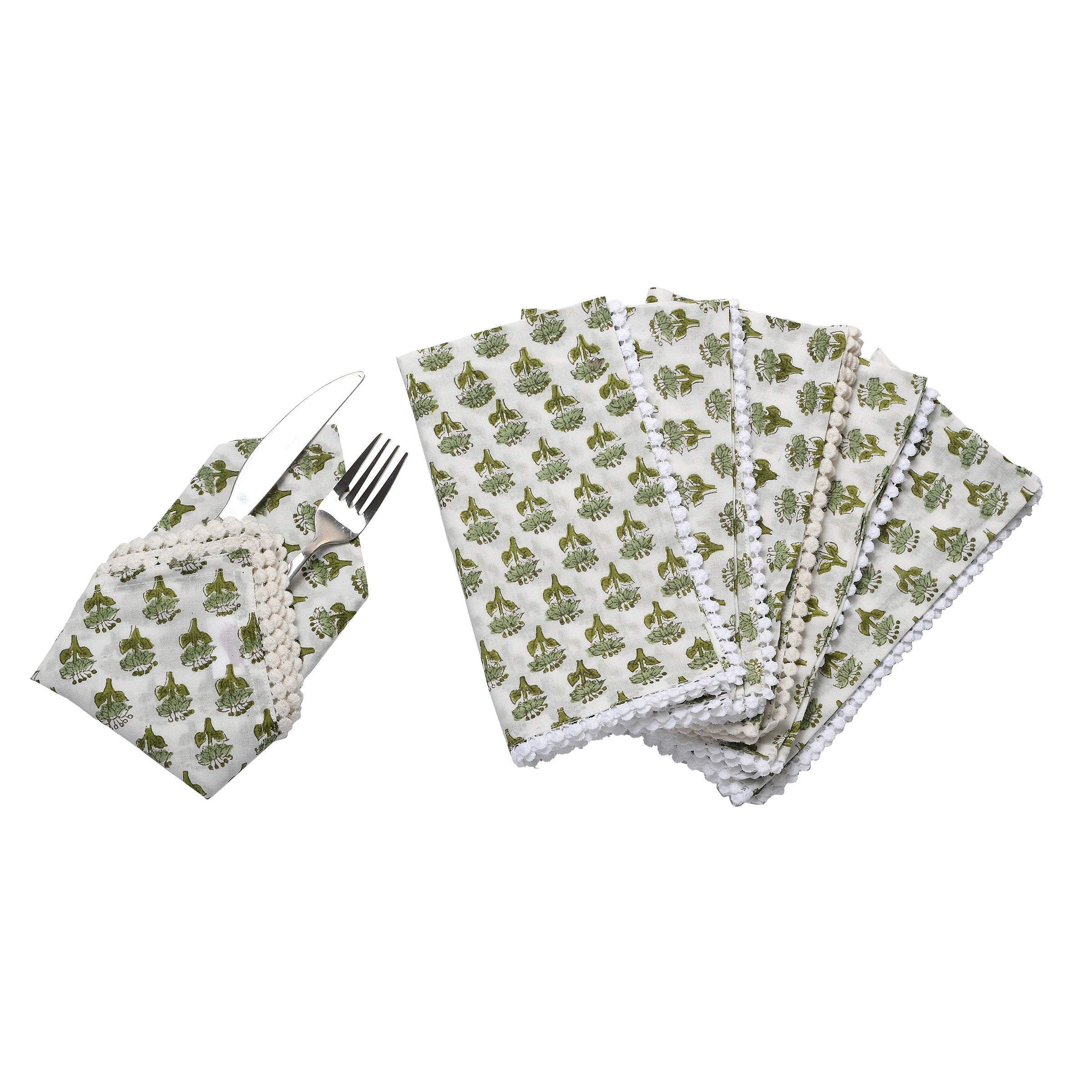 Emerald Green Indian Block Print Pom-Pom Napkins, Floral Cotton Dinning Table Daily Use Napkins, Farmhouse Wedding Party Napkins 18x18 In