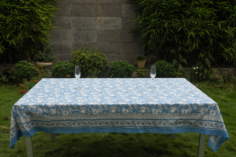 Tablecloth,CPC Sapphire Blue-100% Cotton Hand Block Floral Printed Decorative Table cover for Dining table Farmhouse Party Wedding Gift Event