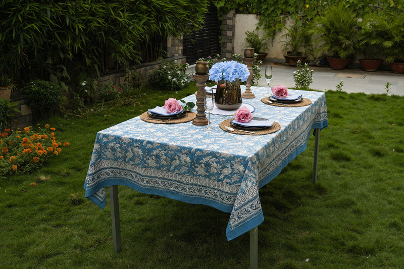 Tablecloth,CPC Sapphire Blue-100% Cotton Hand Block Floral Printed Decorative Table cover for Dining table Farmhouse Party Wedding Gift Event