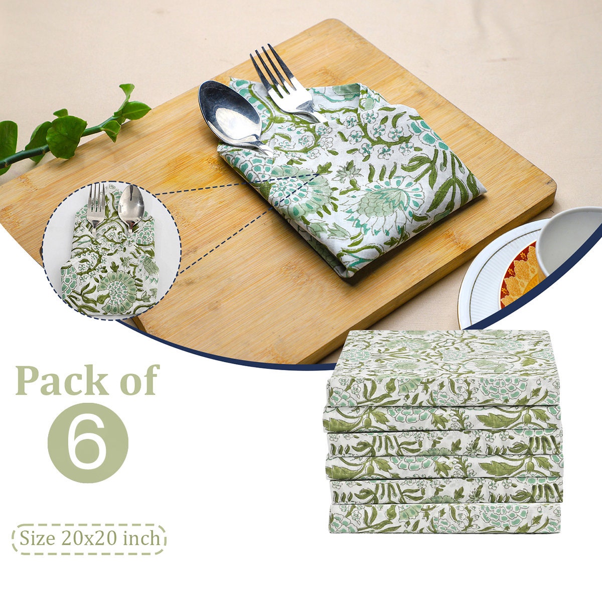 Agate Green Indian Hand Block Printed Napkins with 100% Pure Cotton for Housewarming Wedding Home Event Gardens available in size of 18x18.