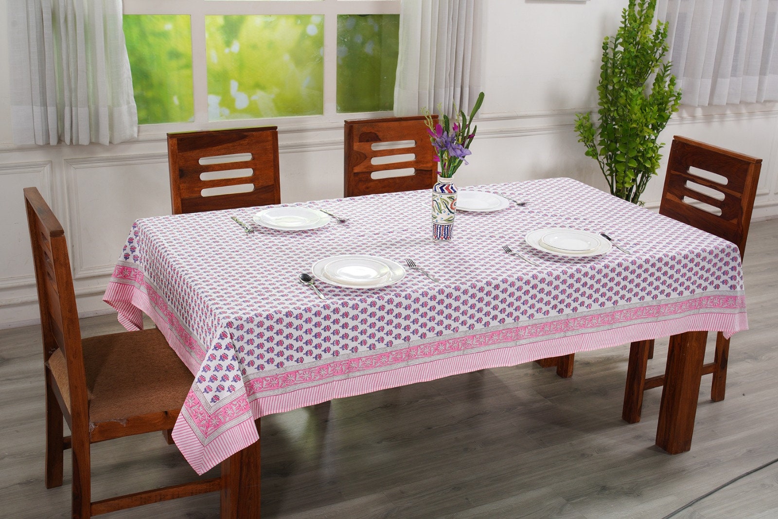 Pink Sapphire Cotton Tablecloth on Farmhouse Table with Chairs, Plates, and Silverware