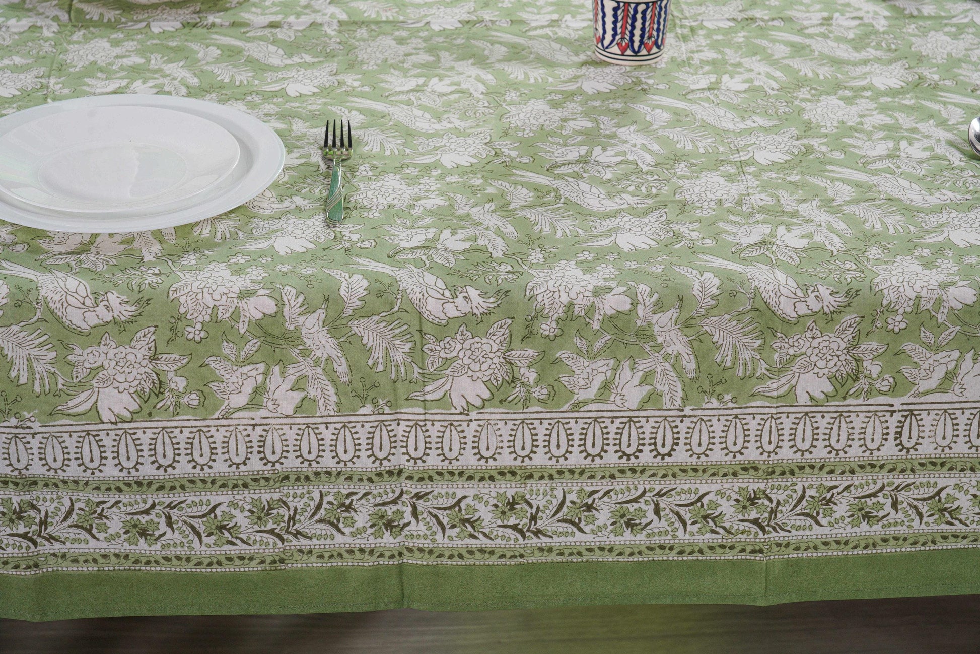 Olive Green Cotton Tablecloth on Dining Kitchen Table