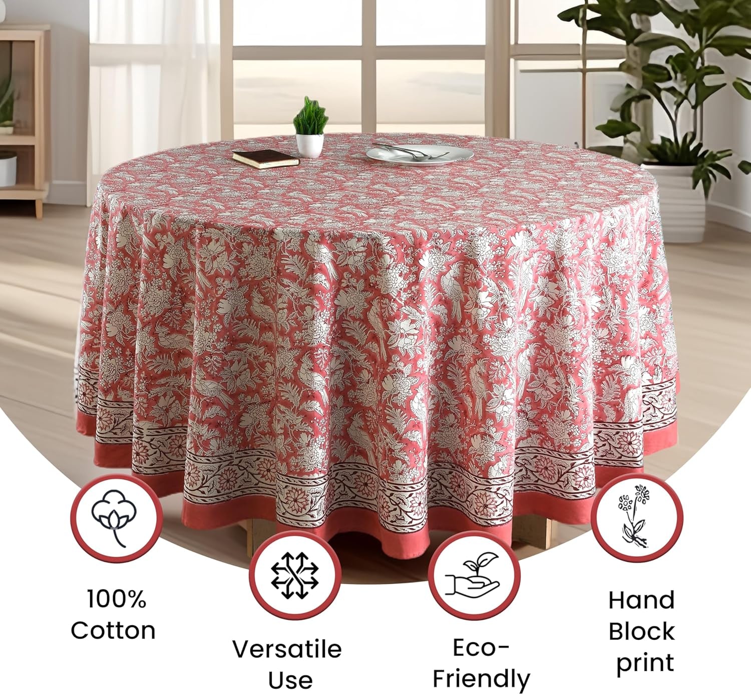 Round Block Print Tablecloth – Coral Pink