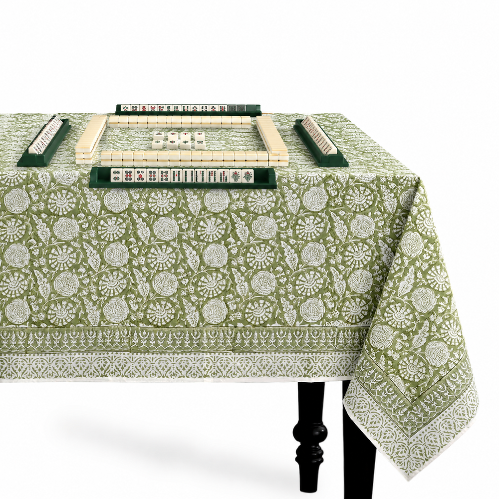 Cotton Block Print Tablecloth – Olive Bloom