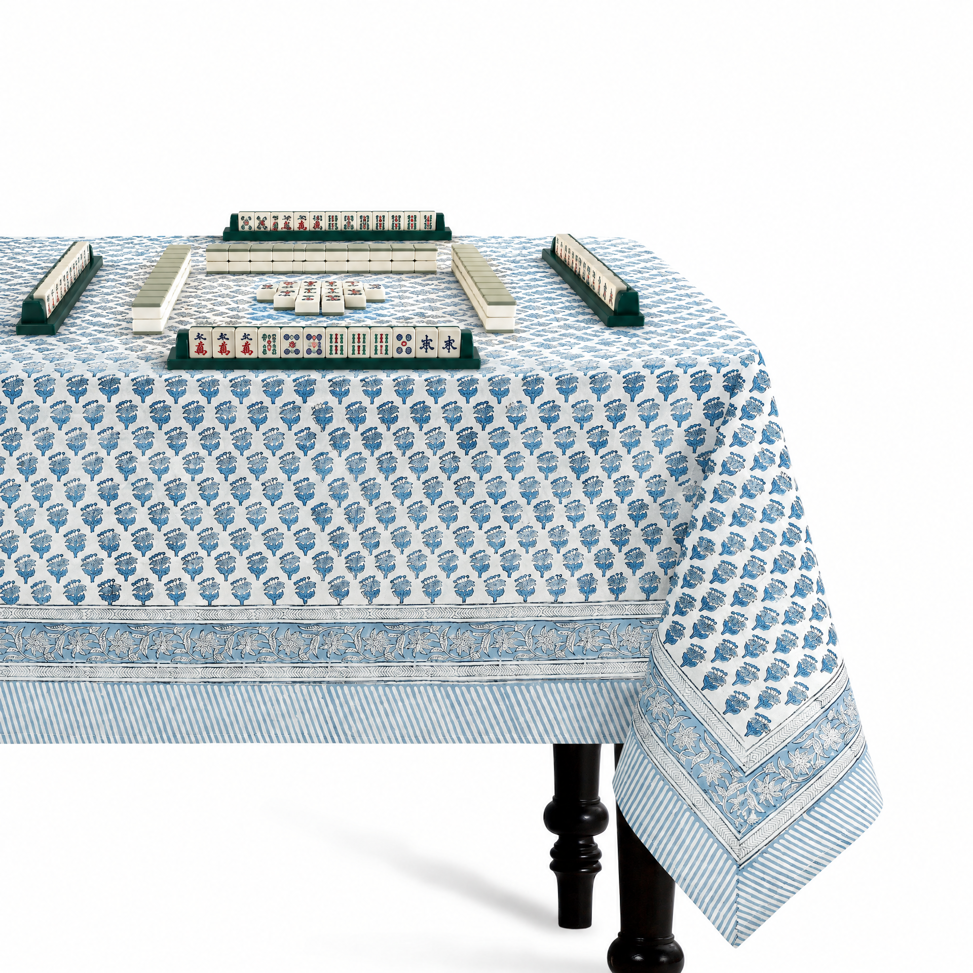 Cotton Block Print Tablecloth - Apatite Blue