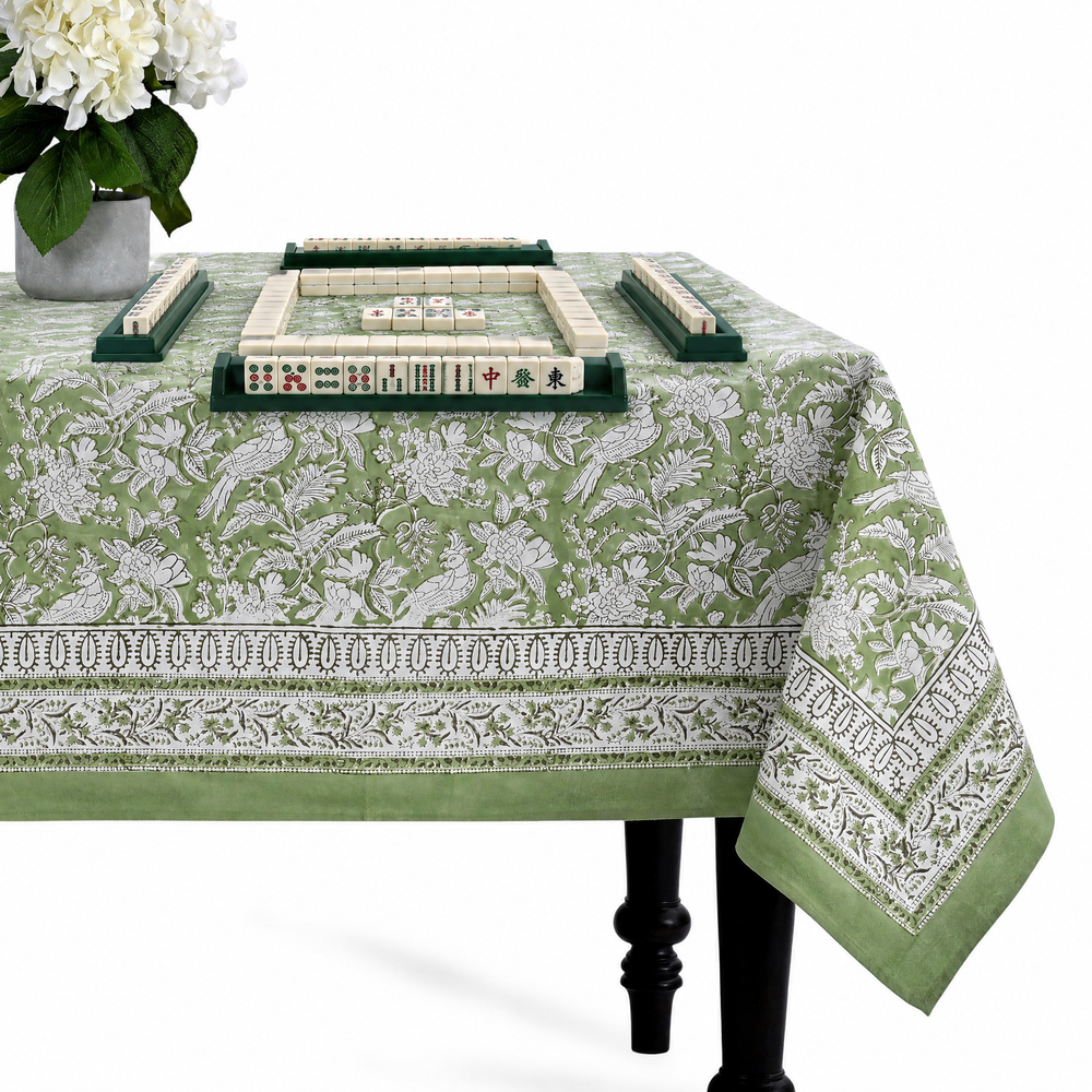 Cotton Block Print Tablecloth – Olive Green