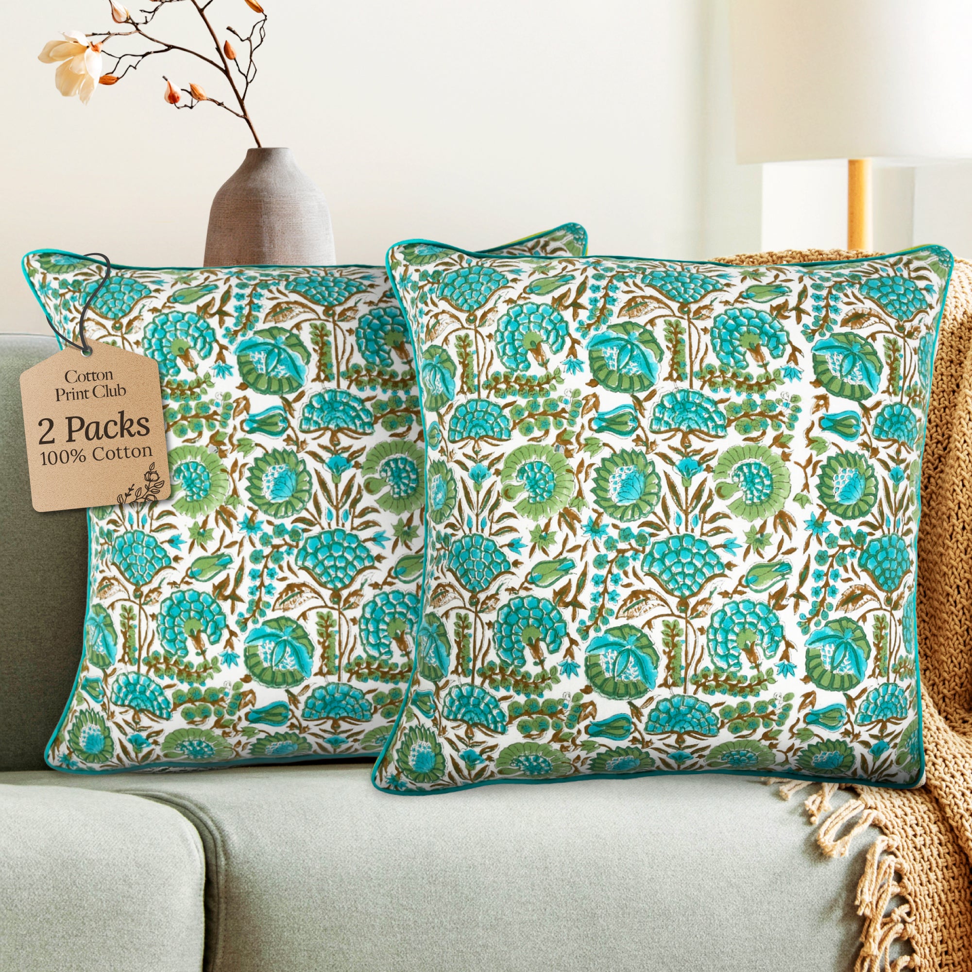 Piping Throw Pillow Covers - Aqua Green (Set of 2)
