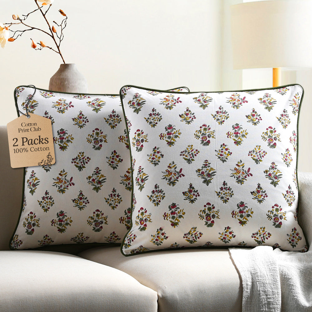 Forest Green Piping Throw Pillow Covers – 100% Cotton, Hand-Block ...