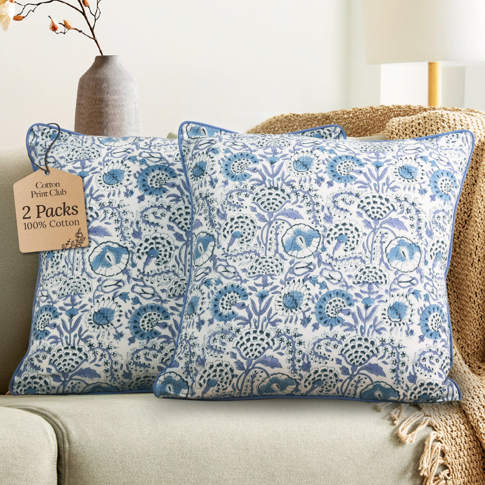 Piping Throw Pillow Covers - Indigo Blue (Set of 2)