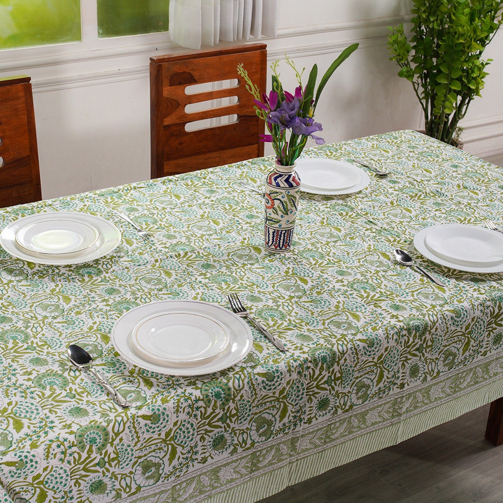 Agate Green  Hand Block Floral printed tablecloth in 100% pure cotton-4, 6, 8, 10,12 and14 seater dining table Wedding party home Event