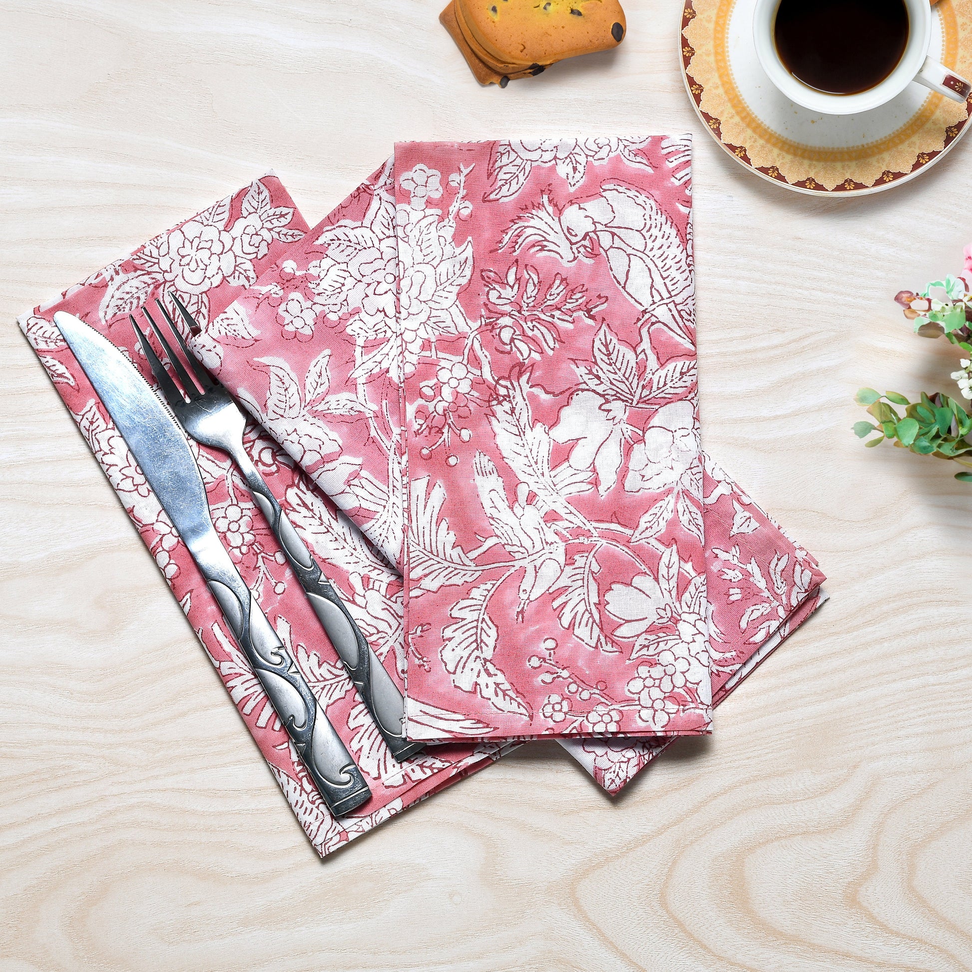 Flamingo Pink Indian Block Print Napkins, Floral Cotton Dining Table Daily Use Napkins, Farmhouse Wedding Home Gifts Party Napkins 18x18