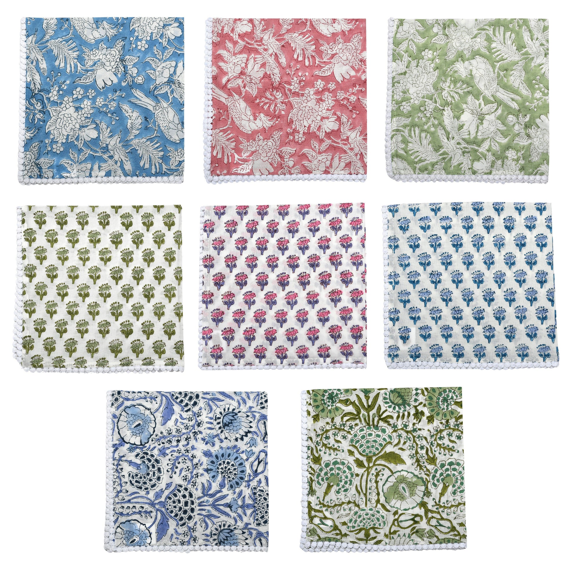 Multi-color Indian Block Print Pom-Pom Napkins, Floral Cotton Dinning Table Daily Use Napkins, Farmhouse Wedding Party Napkins 18x18 In