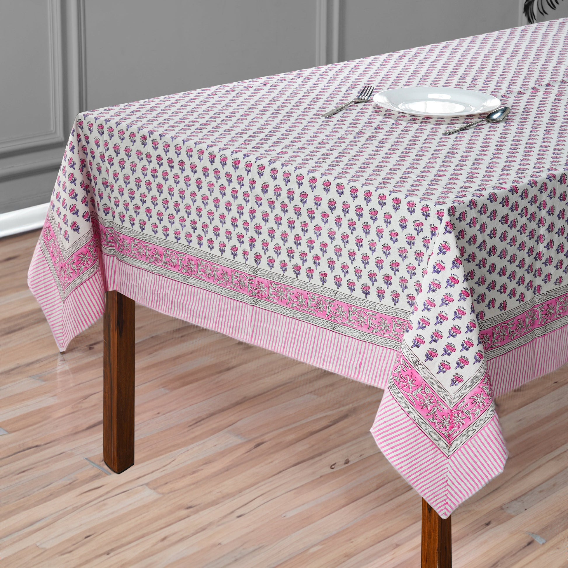 Pink Sapphire Cotton Tablecloth on Dinner Table