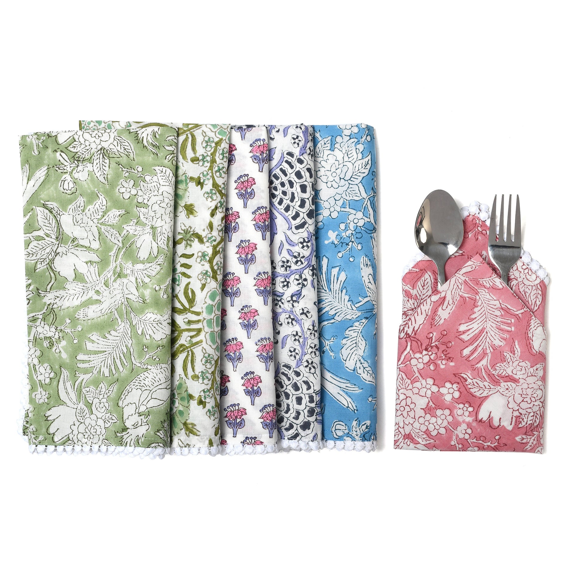 Multi-color Indian Block Print Pom-Pom Napkins, Floral Cotton Dinning Table Daily Use Napkins, Farmhouse Wedding Party Napkins 18x18 In