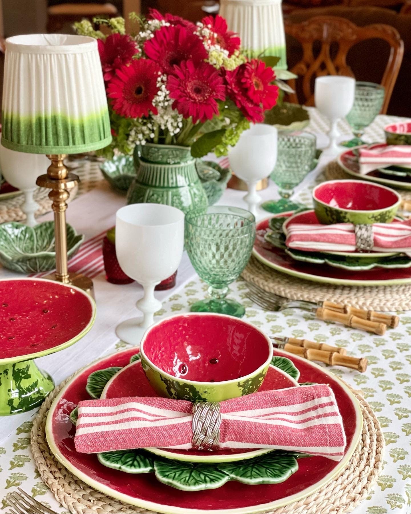 Emerald Green Cotton Tablecloth Dinner Table with Plates and Cotton Napkins