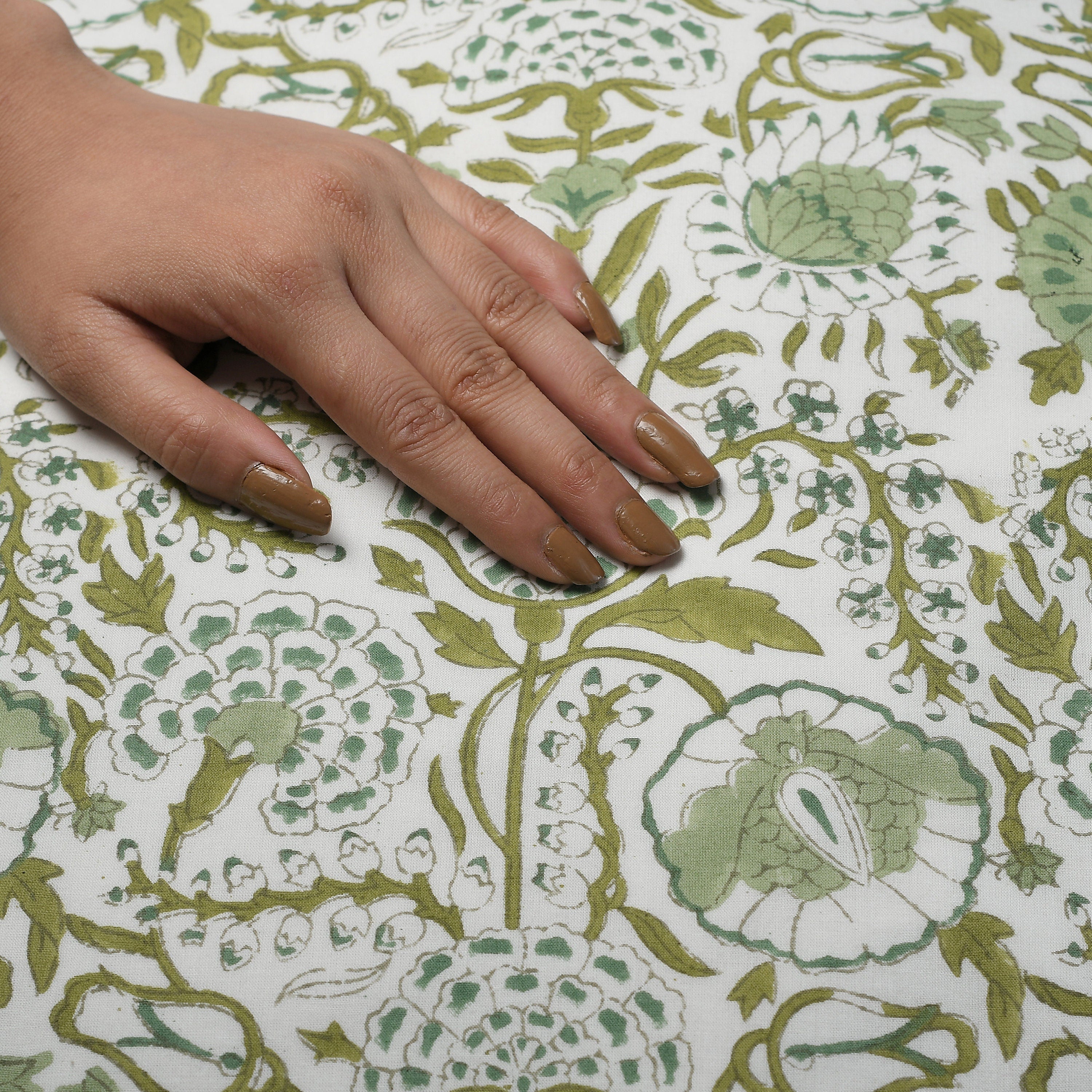Hand Block Print Indian Cotton Fabric - Agate Green for Dress Curtain Pillow Cover Tent - Wedding Farmhouse Housewarming Restaurant - Floral
