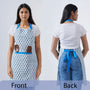 Blue and white botanical apron with waist tie and front pockets