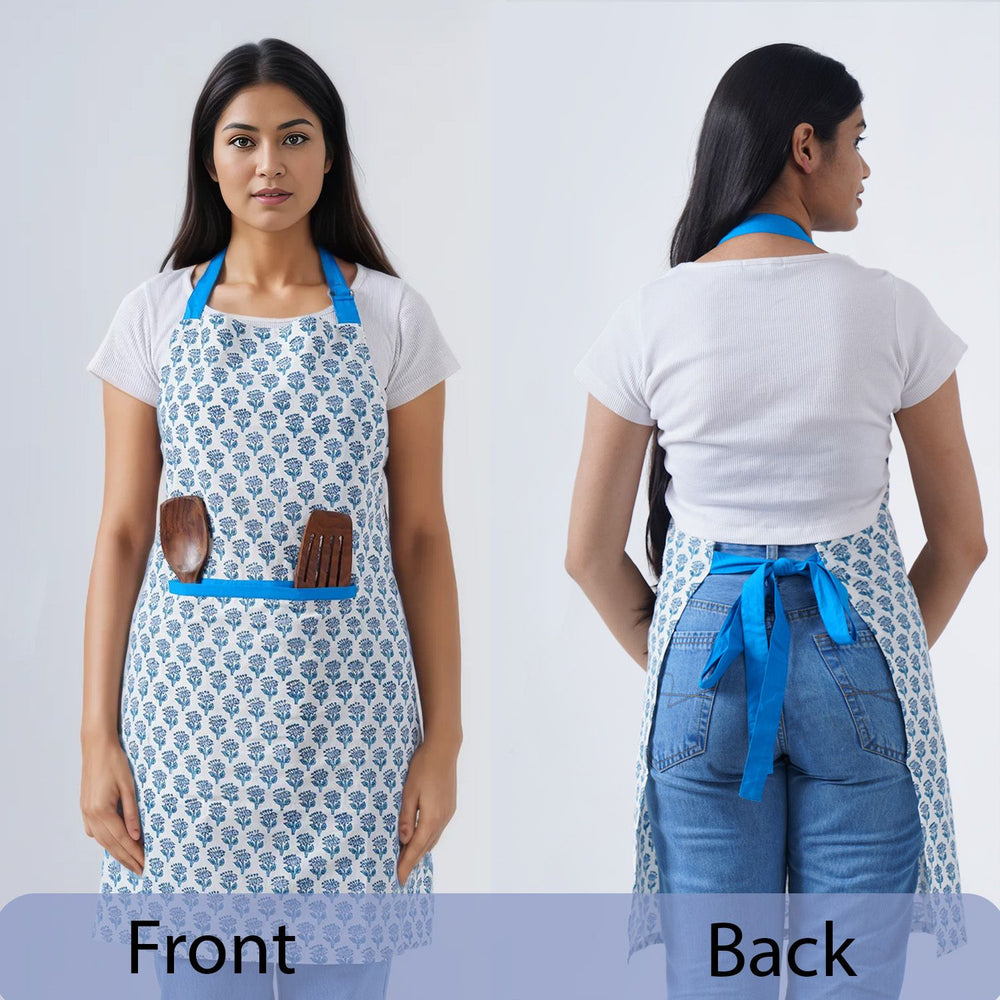 Blue and white botanical apron with waist tie and front pockets