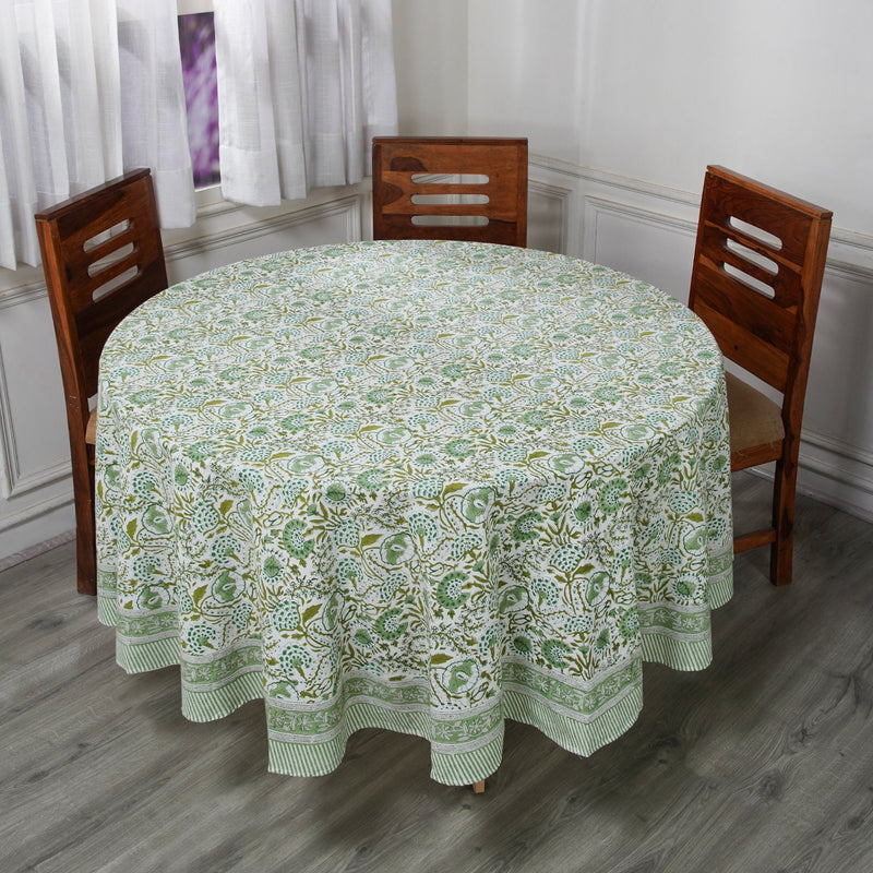 Round Tablecloth, Cotton Print Club-Hand Block Printed-Agate Green Handmade Table Cover for Wedding Outdoor Party Garden Home Decor Event.