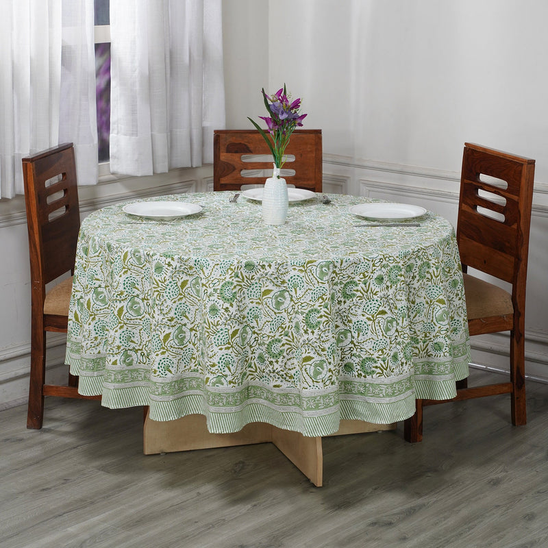 Round Tablecloth, Cotton Print Club-Hand Block Printed-Agate Green Handmade Table Cover for Wedding Outdoor Party Garden Home Decor Event.