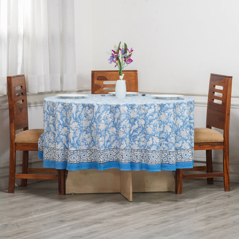 Round Tablecloth, Cotton Print Club-Hand Block Printed-Blue Sapphire Handmade Table Cover for Wedding Outdoor Party Garden Home