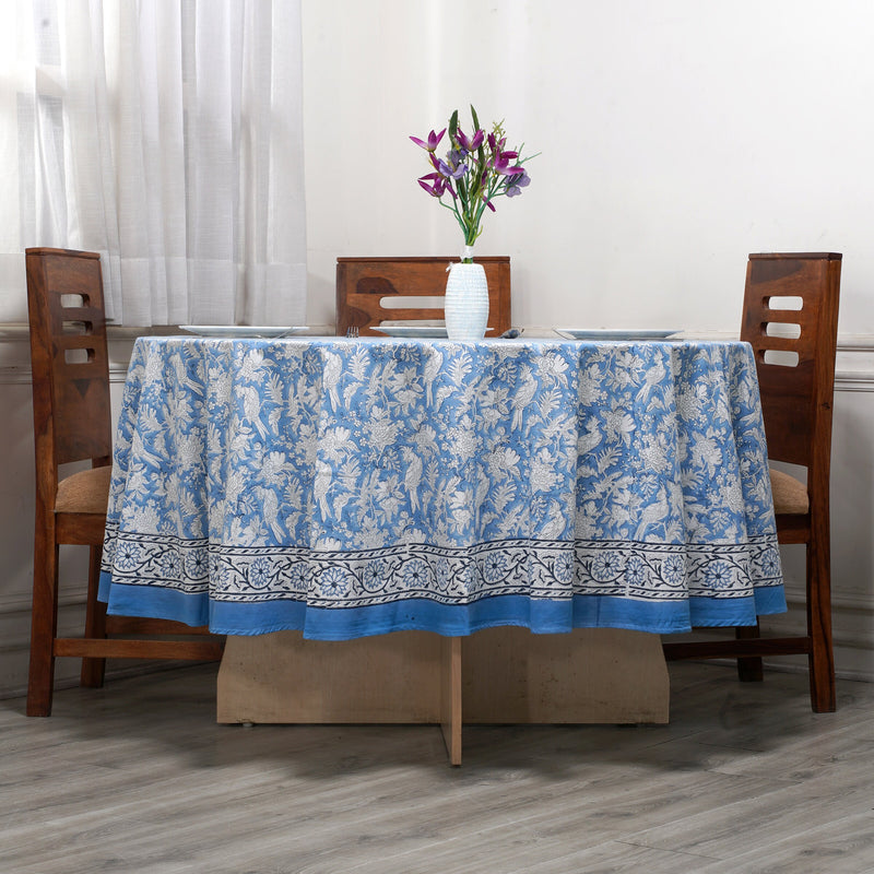 Round Tablecloth, Cotton Print Club-Hand Block Printed-Blue Sapphire Handmade Table Cover for Wedding Outdoor Party Garden Home