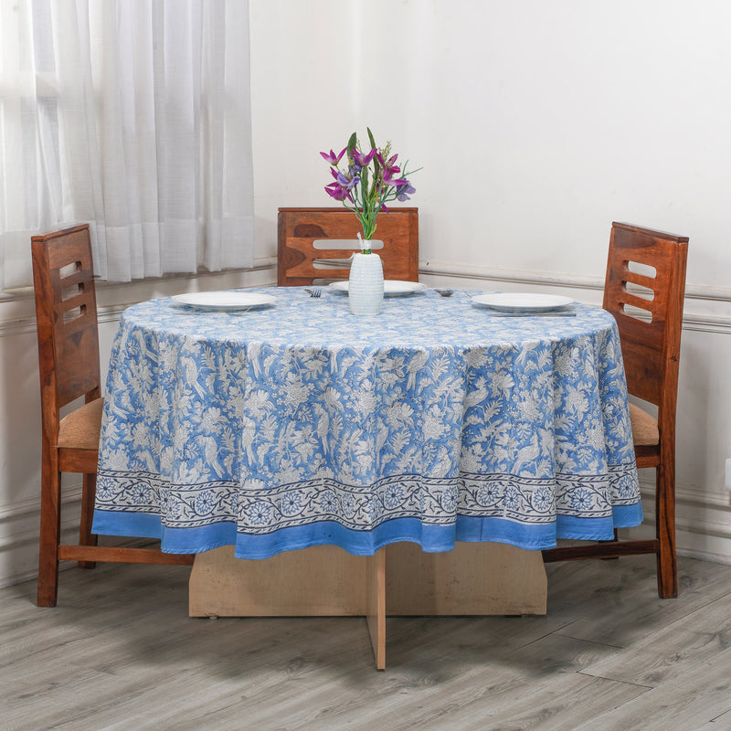 Round Tablecloth, Cotton Print Club-Hand Block Printed-Blue Sapphire Handmade Table Cover for Wedding Outdoor Party Garden Home