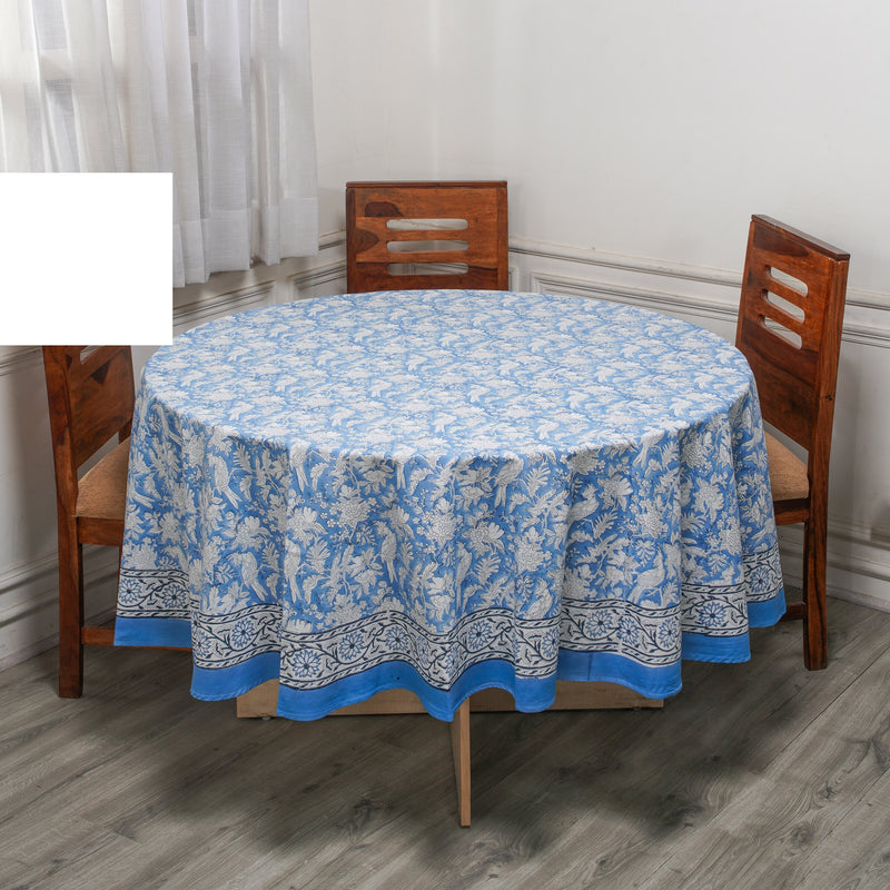 Round Tablecloth, Cotton Print Club-Hand Block Printed-Blue Sapphire Handmade Table Cover for Wedding Outdoor Party Garden Home