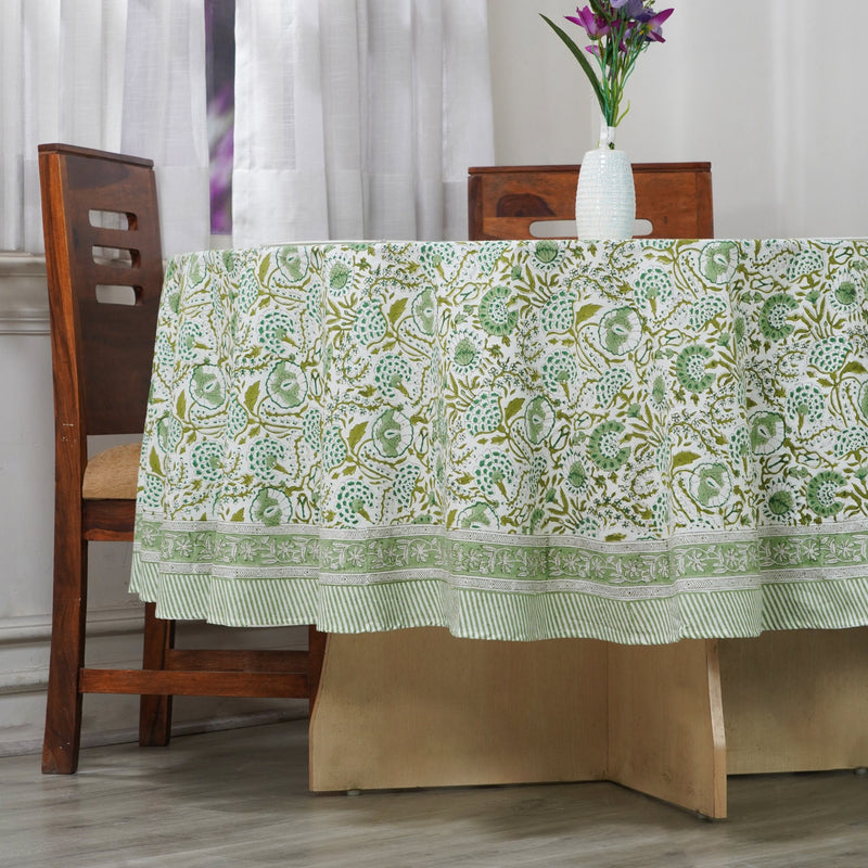 Round Tablecloth, Cotton Print Club-Hand Block Printed-Agate Green Handmade Table Cover for Wedding Outdoor Party Garden Home Decor Event.