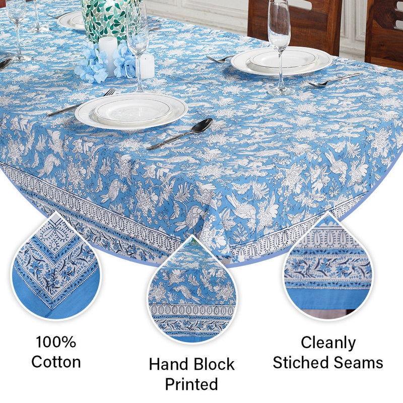 Cotton Indian Hand-Block Printed Tablecloth for Wedding Farmhouse Housewarming Restaurant Picnic Boho Home Decor Floral- Blue Sapphire