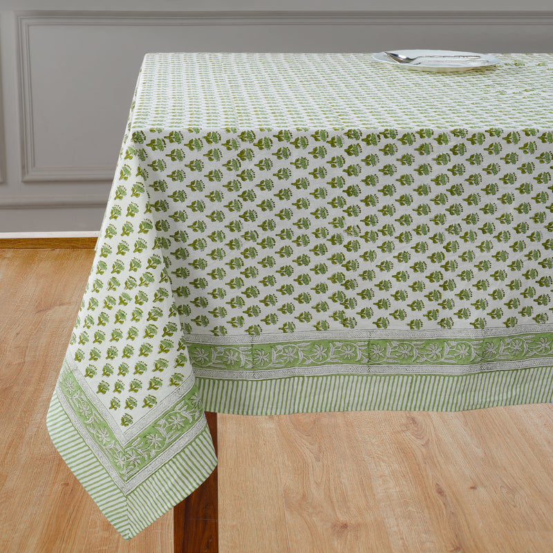 Cotton Indian Hand-Block Printed Tablecloth for Wedding Farmhouse Buffet Housewarming Picnic Boho Home Decor Floral- Emerald Green