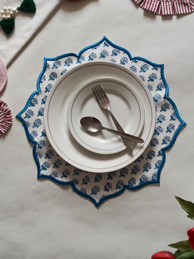 CPC Apatite Blue Scalloped Set of 4 Table Mats, Cotton Hand Block Flower Table Mat for Valentine's Day Dining Party Home and Decor-15 Inch.