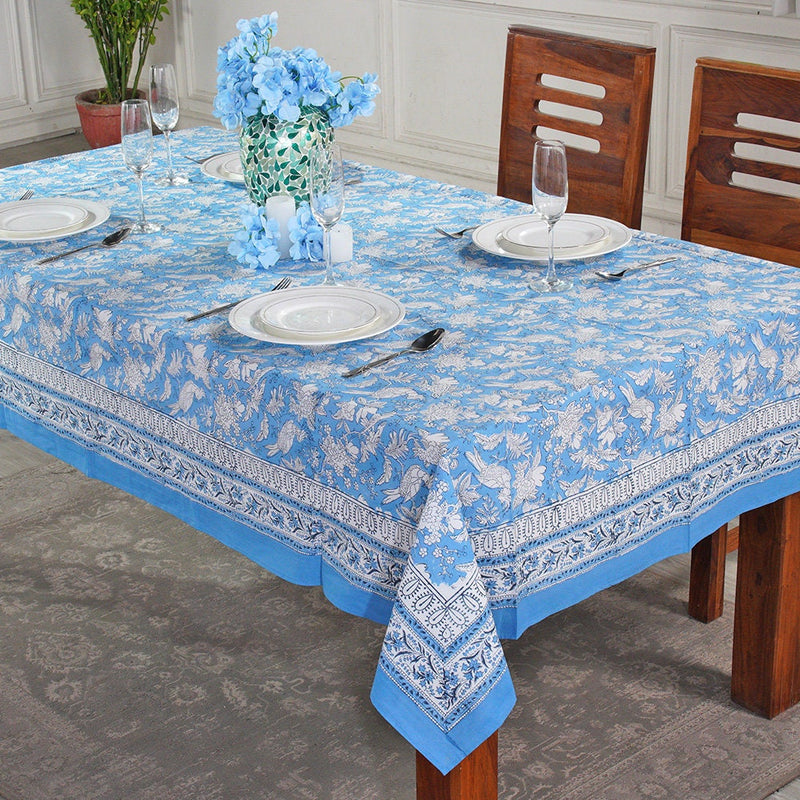 Cotton Indian Hand-Block Printed Tablecloth for Wedding Farmhouse Housewarming Restaurant Picnic Boho Home Decor Floral- Blue Sapphire