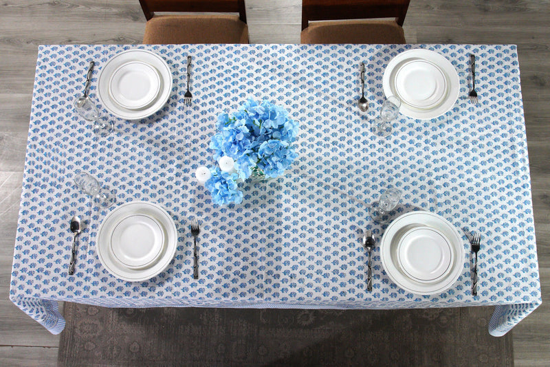 Cotton Indian Hand-Block Printed Tablecloth for Wedding Farmhouse Buffet Housewarming Restaurant Picnic Boho Home Decor Floral- Apatite Blue