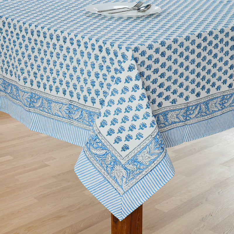 Cotton Indian Hand-Block Printed Tablecloth for Wedding Farmhouse Buffet Housewarming Restaurant Picnic Boho Home Decor Floral- Apatite Blue