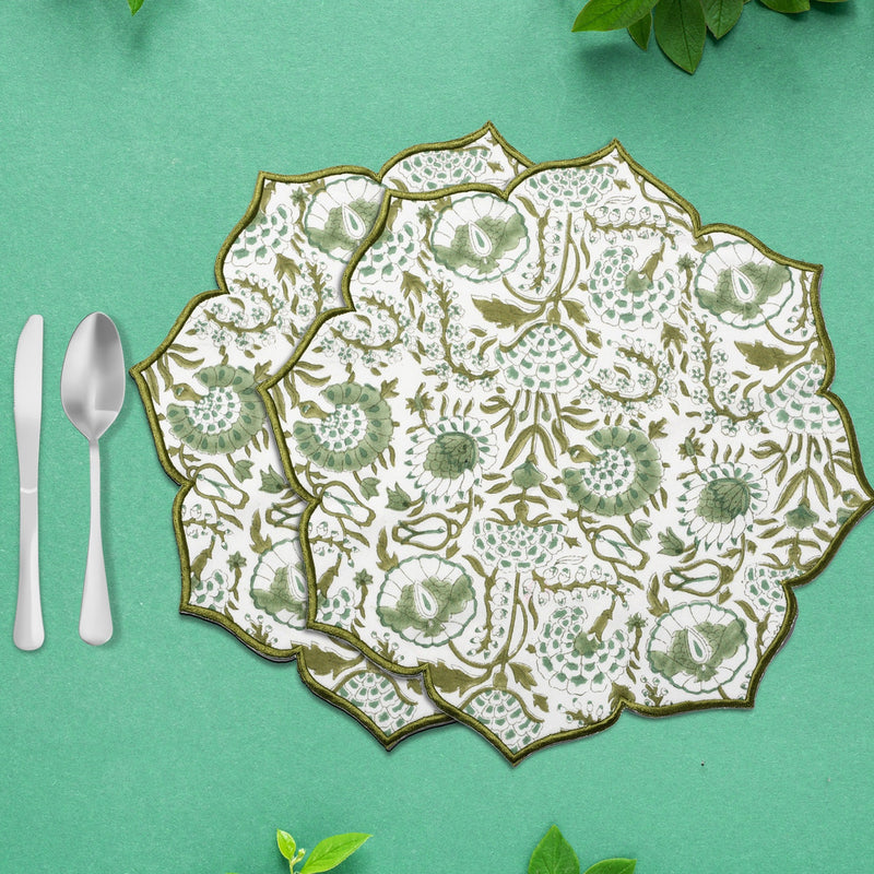 CPC Agate Green Scalloped Placemat Set of 4, Cotton Hand Block Flower Table Mat for Easter Day Dining Party Wedding Gifts Home Decor-15 Inch