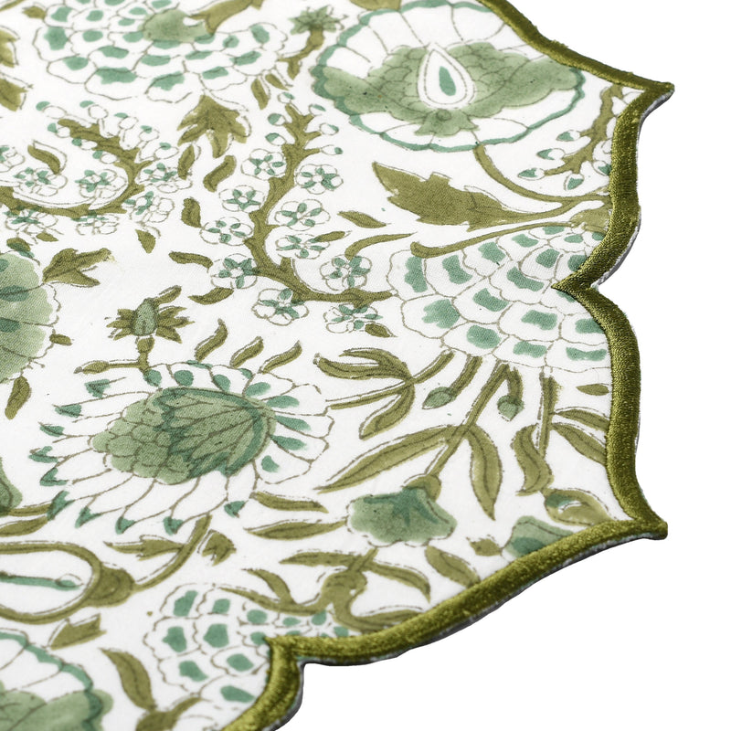 CPC Agate Green Scalloped Placemat Set of 4, Cotton Hand Block Flower Table Mat for Easter Day Dining Party Wedding Gifts Home Decor-15 Inch