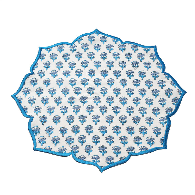 CPC Apatite Blue Scalloped Set of 4 Table Mats, Cotton Hand Block Flower Table Mat for Valentine's Day Dining Party Home and Decor-15 Inch.