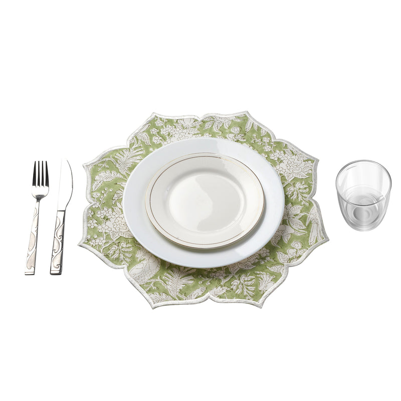 CPC Olive Green Scalloped Table Mat Set of 4, Cotton Hand Block Flower Pattern 15 Inch Fabric Placemat