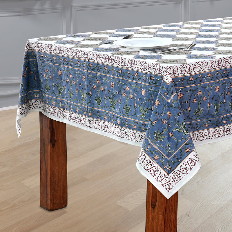 Cotton Indian Hand-Block Printed Tablecloth for Wedding Farmhouse Buffet Housewarming Picnic Boho Home Decor Floral- Tanzanite Blue