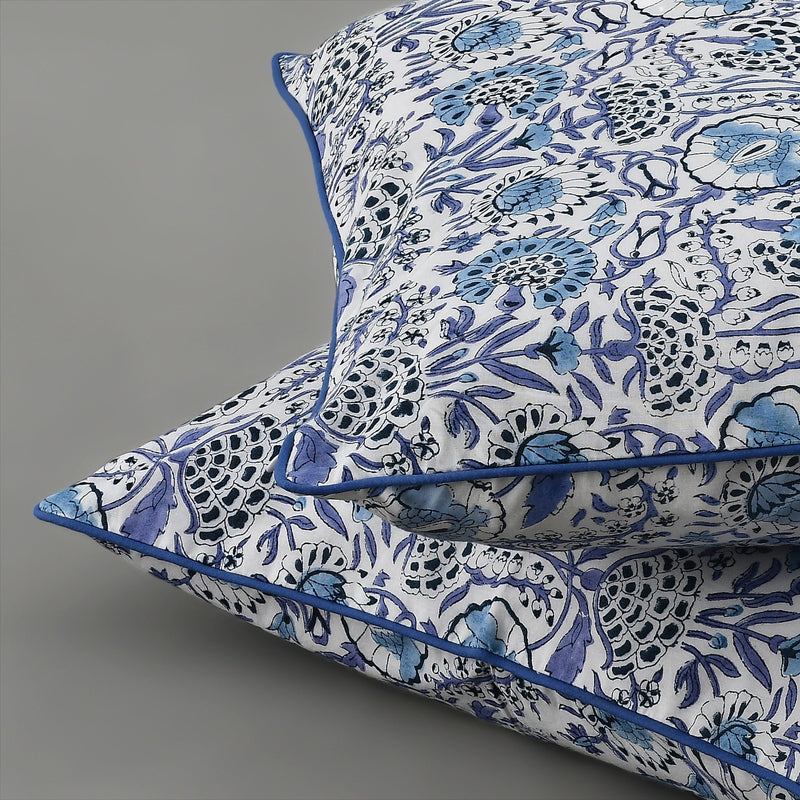 Indian Hand Block Printed Cotton Throw Pillow Cover for Farmhouse, Preppy, Boho, Home Décor, Floral, Decorative Couch Pillow- Aqua Blue