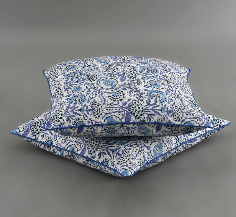 Indian Hand Block Printed Cotton Throw Pillow Cover for Farmhouse, Preppy, Boho, Home Décor, Floral, Decorative Couch Pillow- Aqua Blue