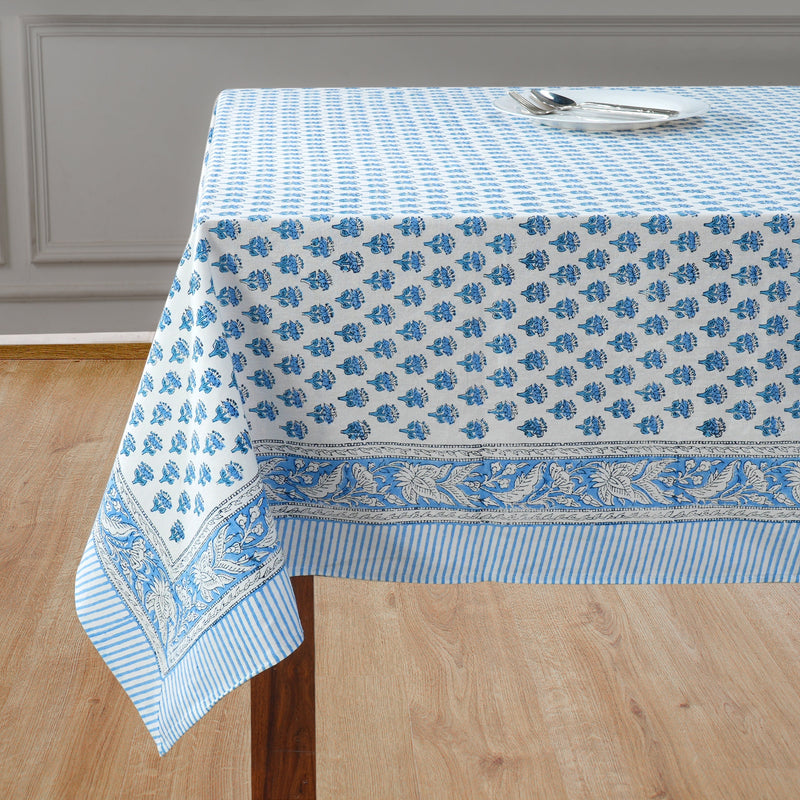 Cotton Indian Hand-Block Printed Tablecloth for Wedding Farmhouse Buffet Housewarming Restaurant Picnic Boho Home Decor Floral- Apatite Blue