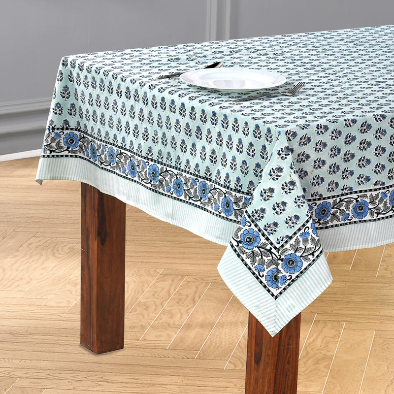 Cotton Indian Hand-Block Printed Tablecloth for Wedding Farmhouse Buffet Housewarming Restaurant Picnic Boho Home Decor Floral- Poppy Blue