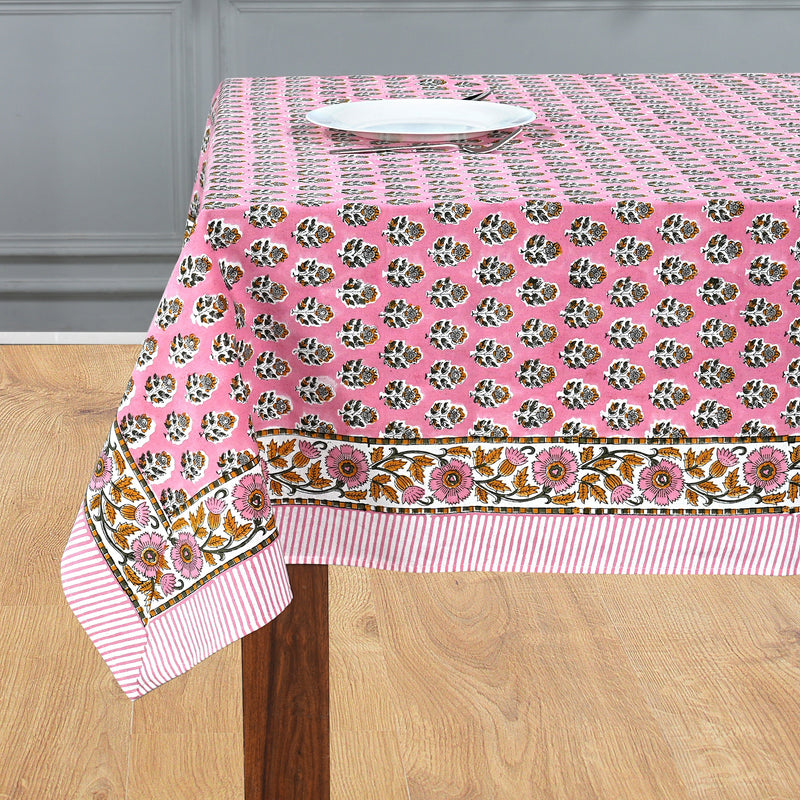 Cotton Indian Hand-Block Printed Tablecloth for Wedding Farmhouse Buffet Housewarming Restaurant Picnic Boho Home Decor Floral- Poppy Pink