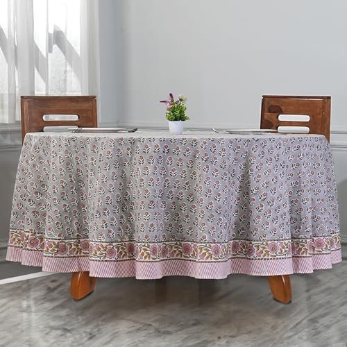 Lebra Gray Round Tablecloth, Indian Hand Block Printed 100% Cotton Table cover, 60,90,110 Inch, Wedding Gifts home decor outdoor party