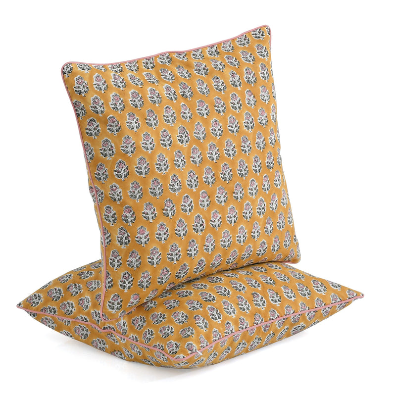 Indian Hand Block Printed Cotton Throw Pillow Cover for Farmhouse, Preppy, Boho, Home Décor, Floral, Decorative Couch Pillow- Citrine Yellow